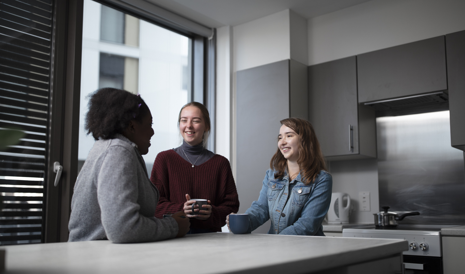 A group of students sat around the kitchen table