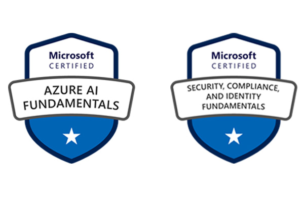 Two shields next to each other. One says 'Microsoft Certified Azure AI Fundamentals' the other says 'Microsoft Certified Security, Compliance, and Identity Fundamentals'