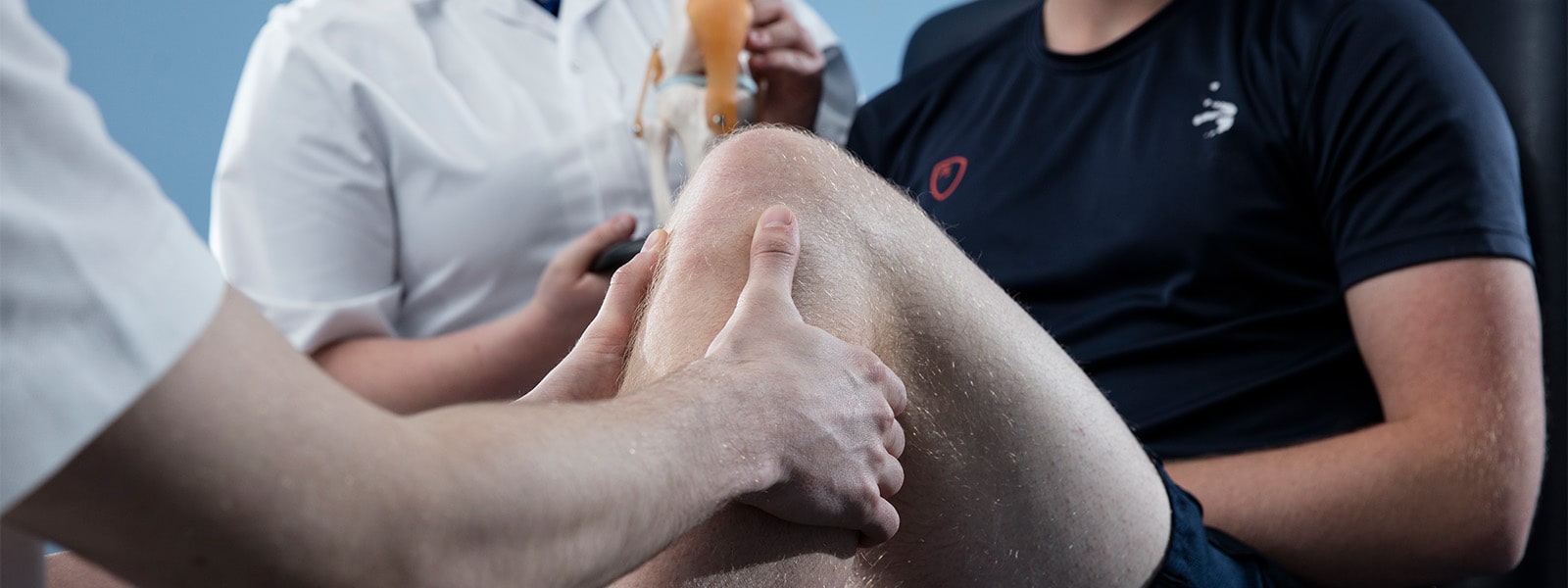 Physiotherapy students assessing knee